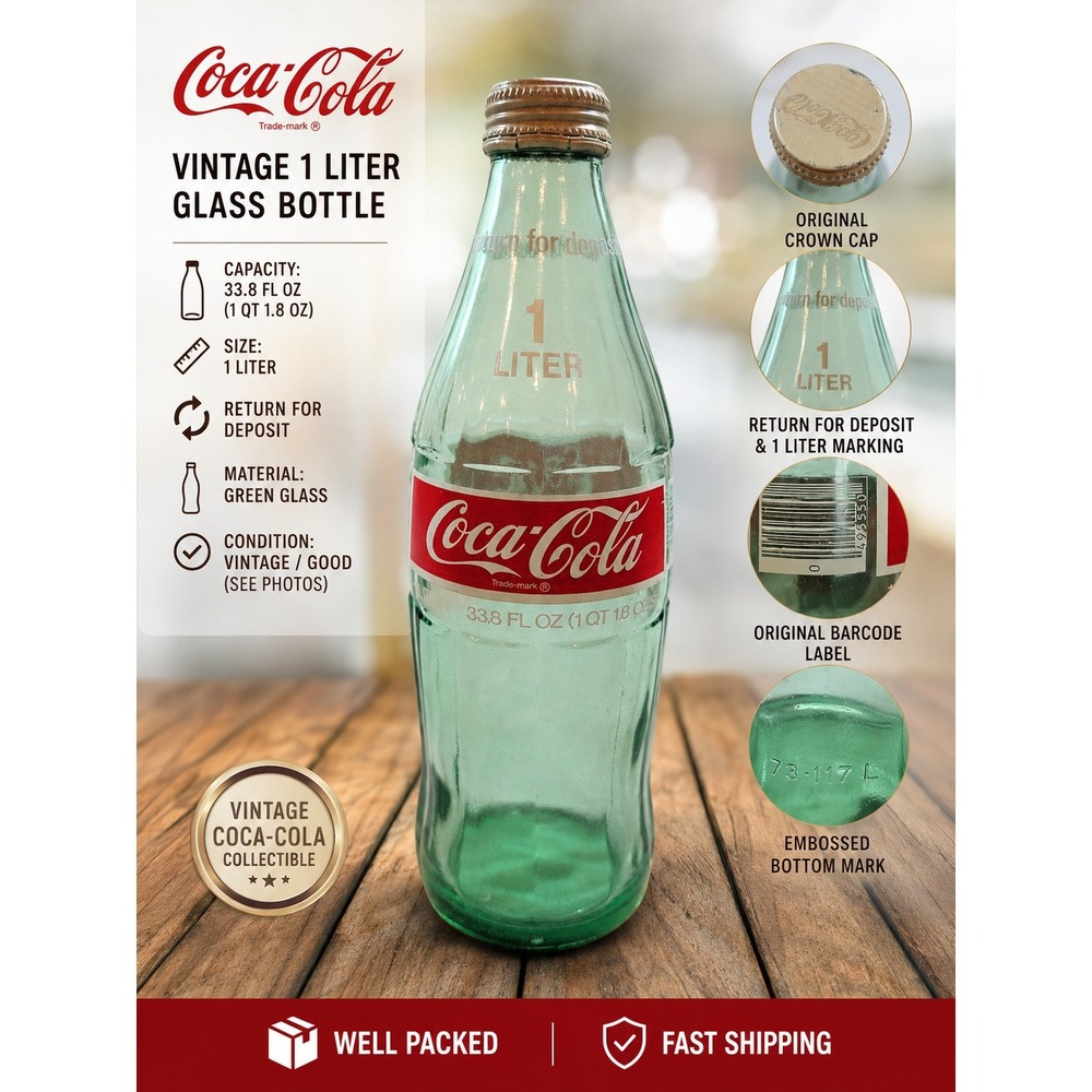 Vintage Coca-Cola 1 Liter Green Glass Bottle 33.8 oz with Metal Cap Coke 11 inch